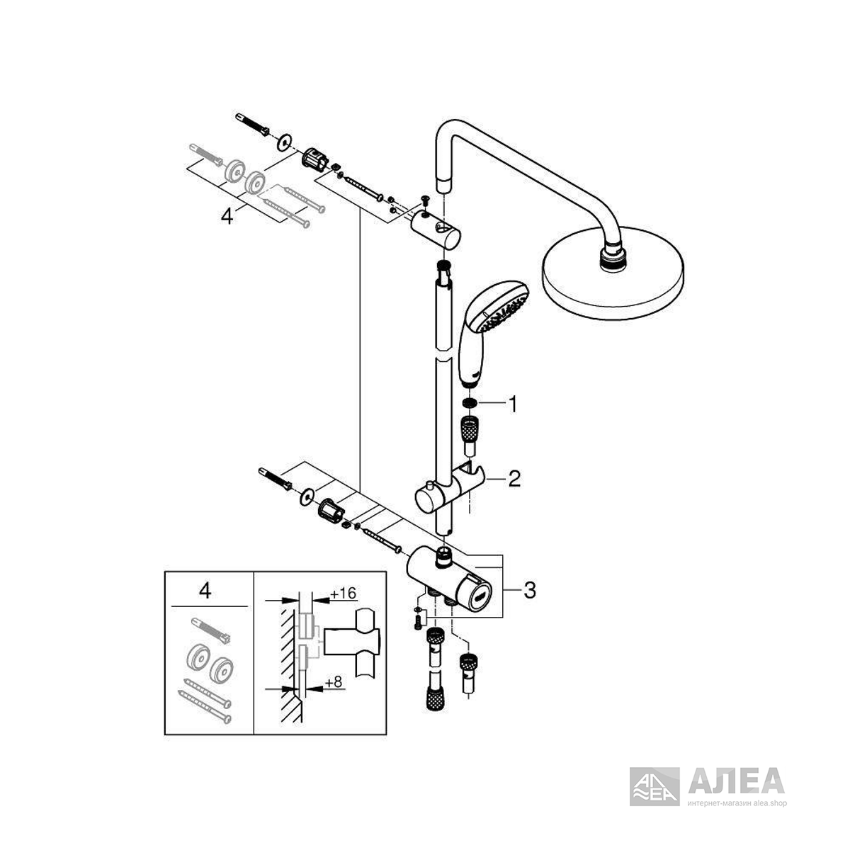 Высота тропического душа grohe